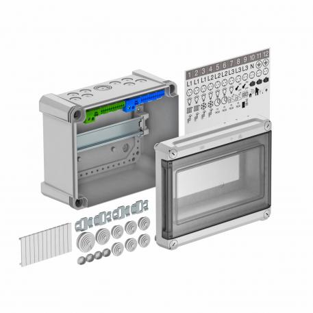 Distribution box, 9 division units, with terminal strip, polycarbonate
