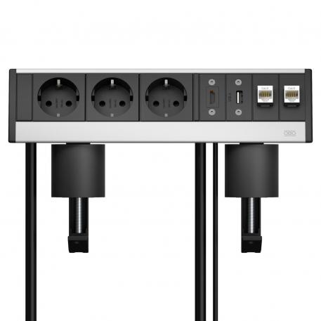 Deskbox DB, with fastening clamp, 3 sockets, HDMI, USB 3.0, 2x RJ45 Cat. 6 Housing, silver anodised