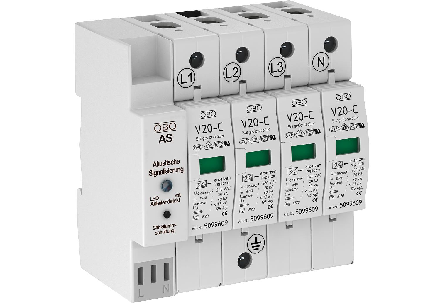 Surge arrester 4 pole with audible signalling 280 V 4 280